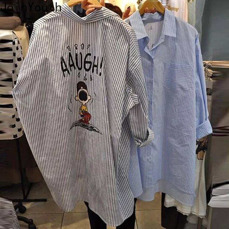 Блузка женская оверсайз с длинным рукавом модная повседневная рубашка в полоску