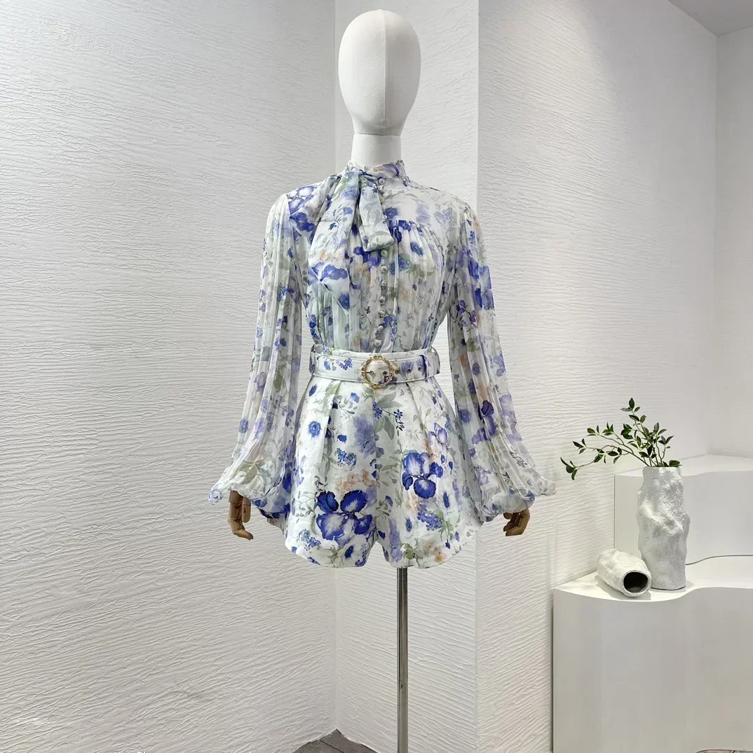 2024 бело-синие цветочные принты рукава-фонарики воротник-стойка блузка со