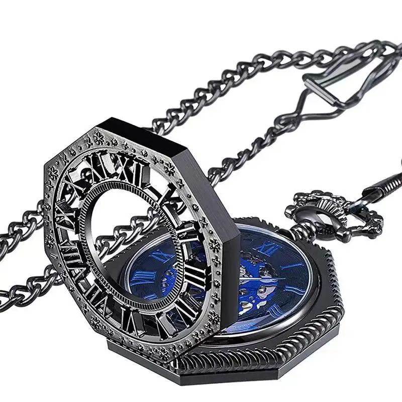Vintage Charm Black Unisex Fashion Roman Number Quartz Steampunk Pocket Watch Women Man Necklace Pendant with Chain Gifts P427
