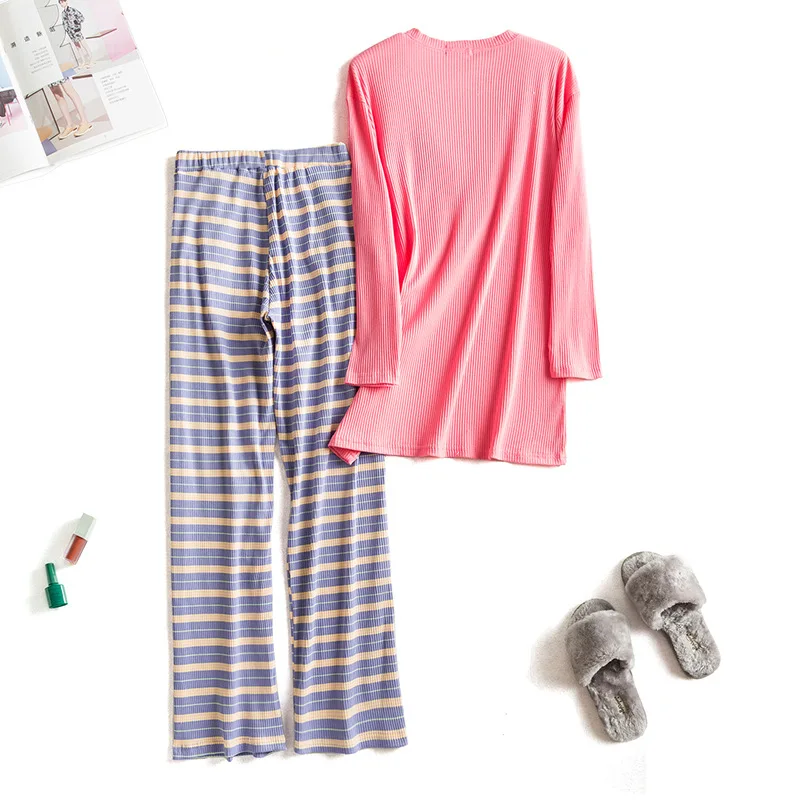 Candy Color Women Pajamas Cotton Long Sleeves Spring Autumn Sweet Housewear Loose Striped Trousers Suit Pyjamas Femme Sleepwear