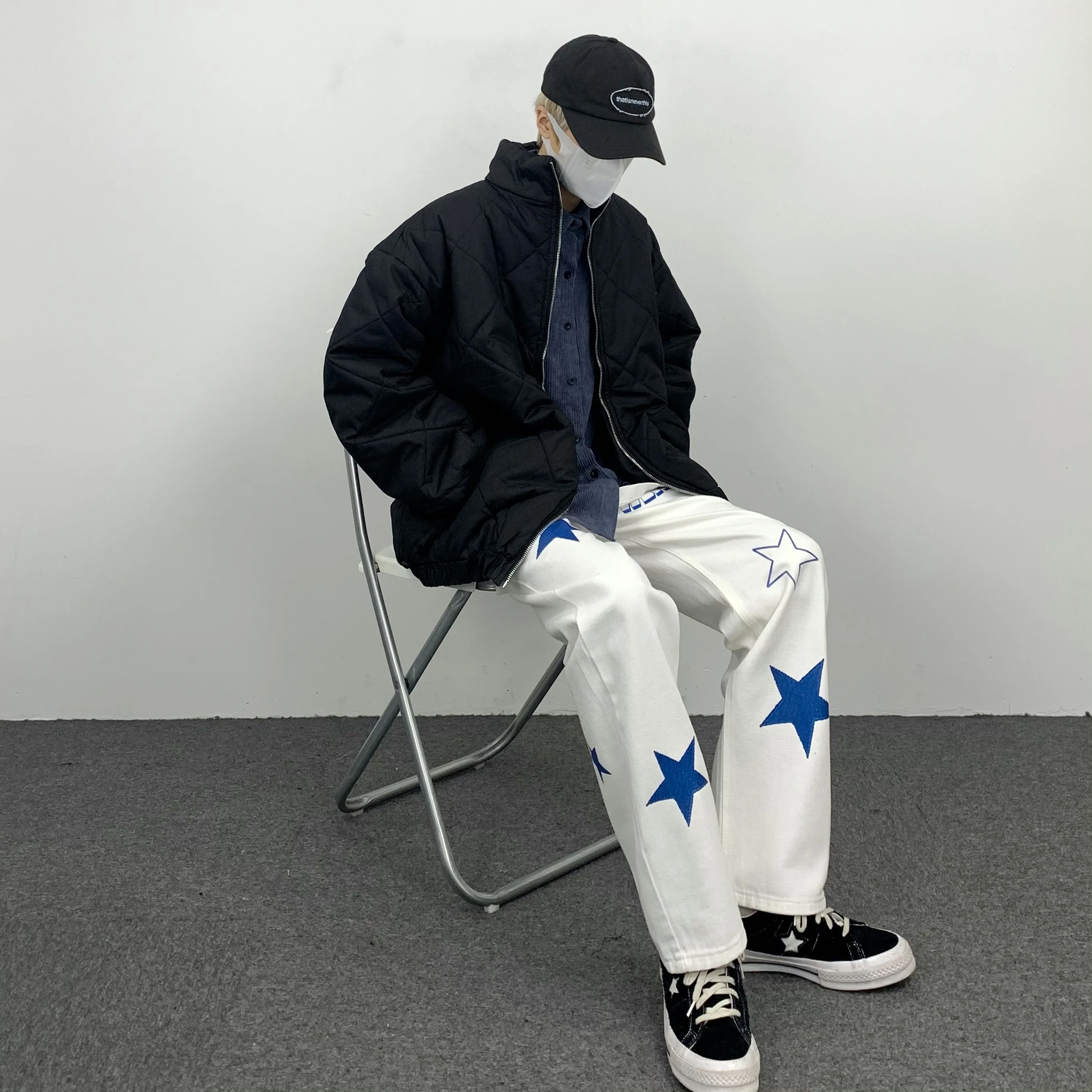 Four Seasons Men's Jeans Ins American Hip Hop Blue Pentagram Casual Loose Men and Women Trousers Y2k Pants Ins Hot Selling Jeans