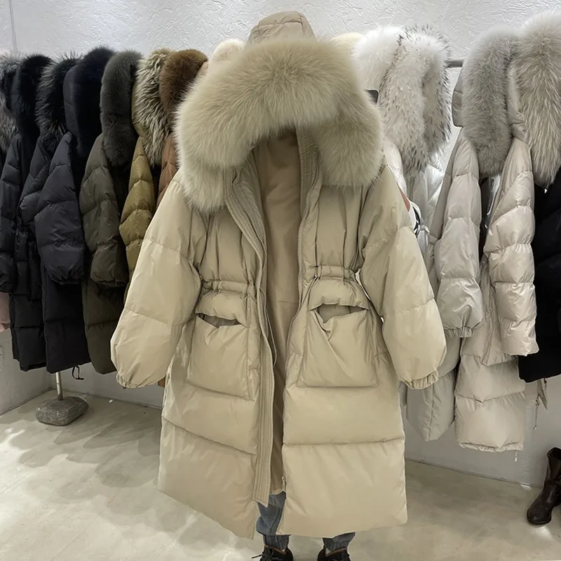 

2022 New Women's Winter Thick Jacket Korean Stye Large Fox Fur Collar Hooded Warm Loose Long Down Women Coat Outwear D204