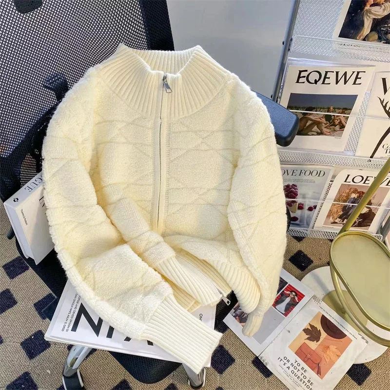 

Женский вязаный кардиган из овечьей шерсти, однотонный теплый плотный кардиган с высоким воротником и длинным рукавом, T372