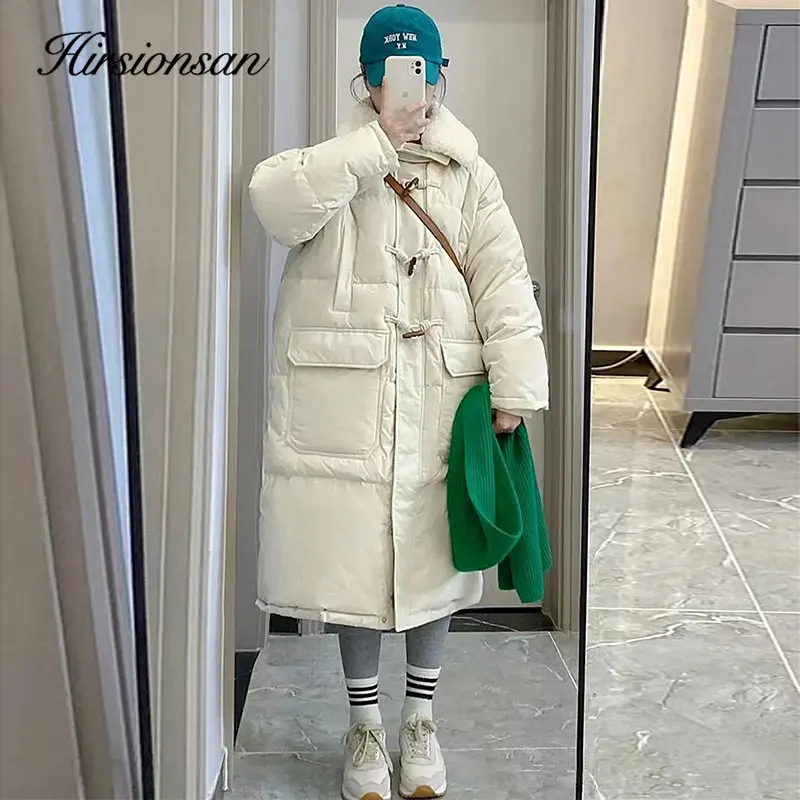 

Hirsionsan Winter Loose Mid-length Horn Button Down Jacket Women Korean Minimalist Warm Parkas Female Trendy Streetwear Clothing