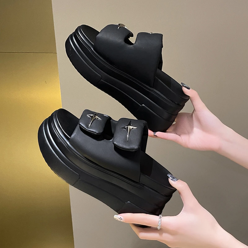 9cm Heels Chunky Platform Slippers For Women Open Toe Leather Wedges Sandals Woman Summer Thick Bottom Female Beach Flip Flops