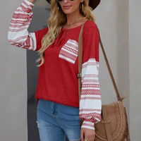 women 2021 autumn striped color matching pullover v neck tie bohemian style tops with pocket loose casual long sleeve t shirt