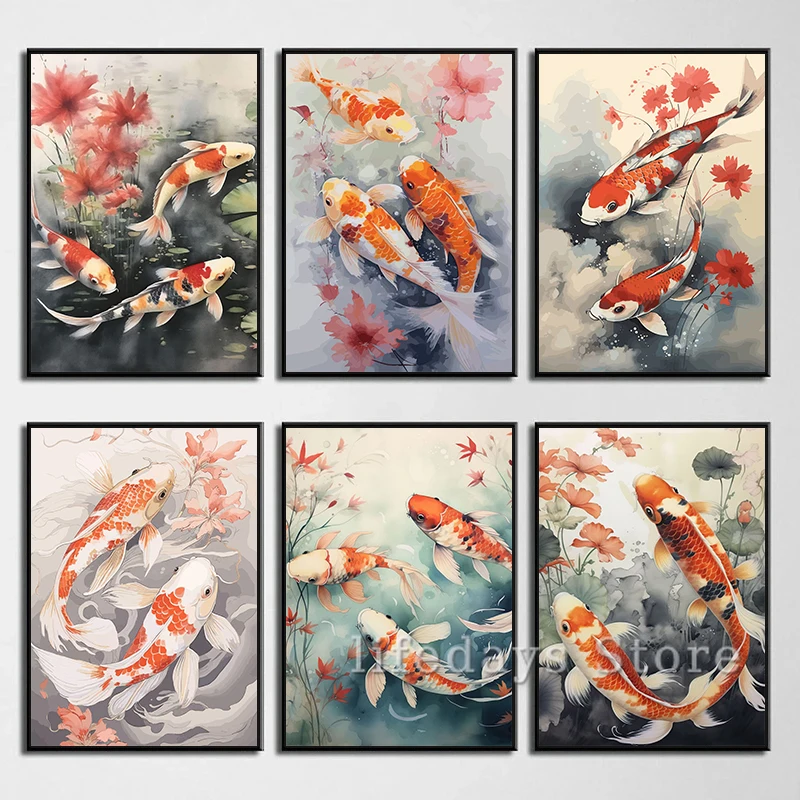 Японская красная рыба кои Ретро постер Чернила Карп Печать Холст Картина