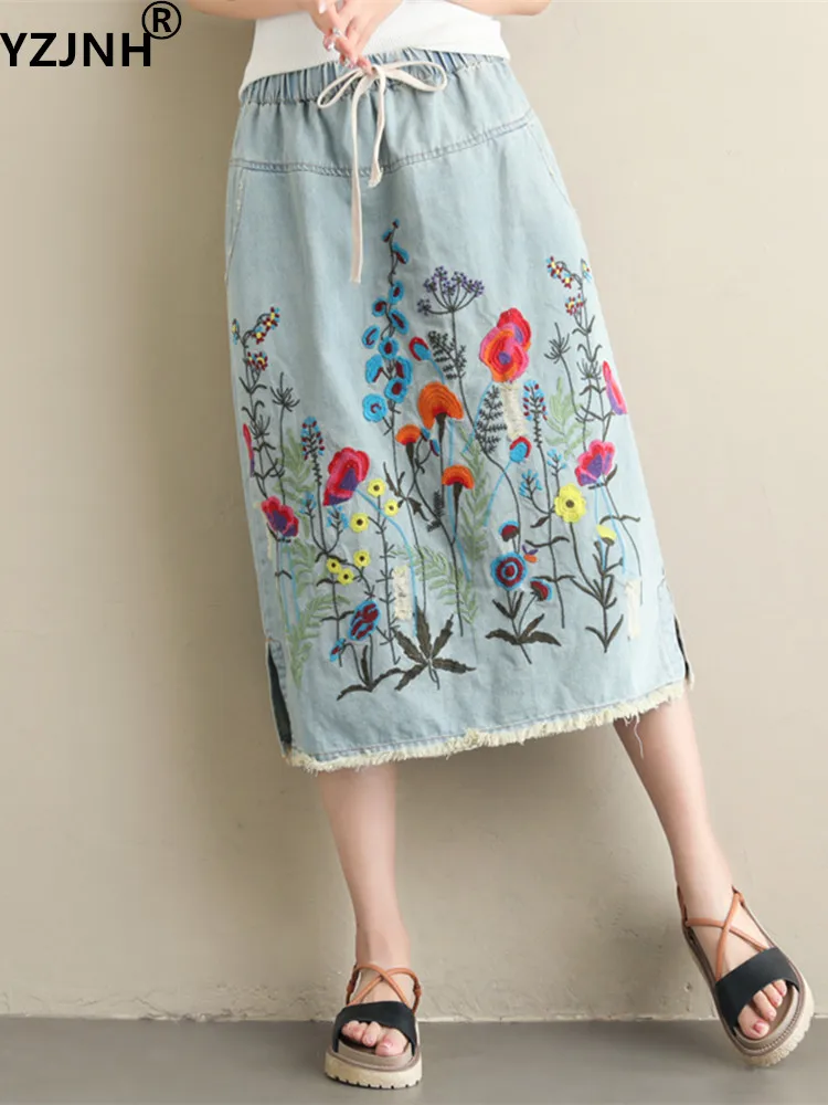 

Женская джинсовая юбка YZJNH в этническом стиле, свободная повседневная большая джинсовая юбка с эластичным поясом и вышивкой