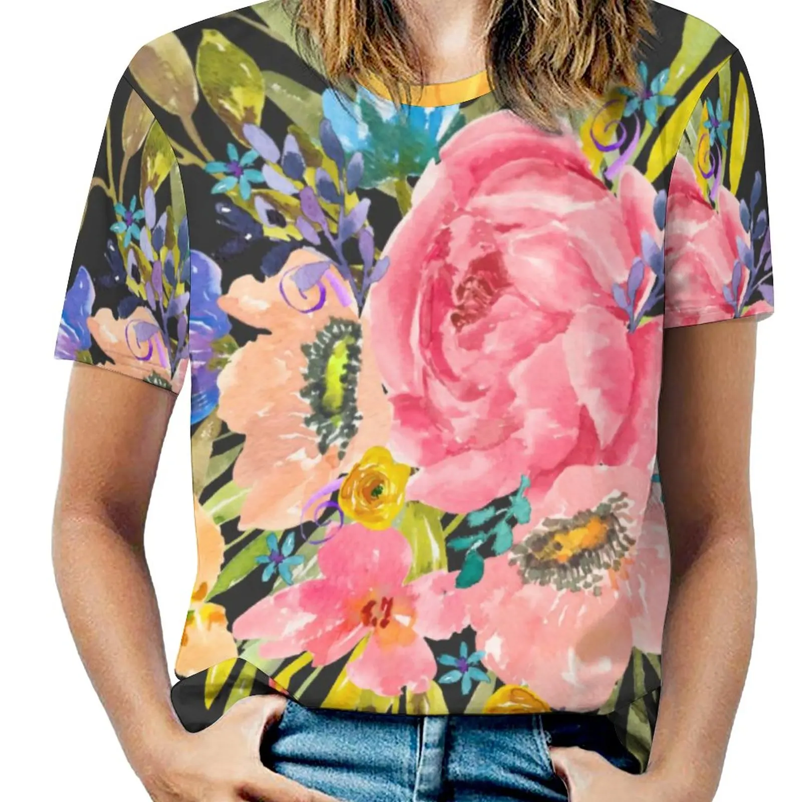 

Watercolor Flower T Shirts Rose Floral Bouquet Classic Big Size T-Shirt Short Sleeve Hip Hop Tee Shirt Summer Print Top Tees