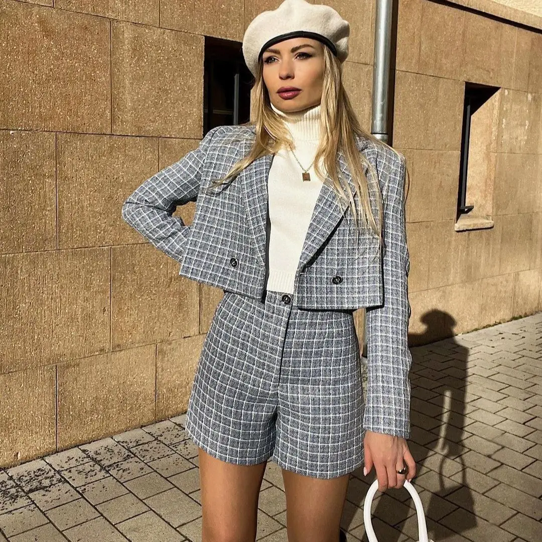 

Женский короткий Блейзер JUNWU, синий клетчатый блейзер с длинным рукавом и воротником-костюмом, свободные шорты с высокой талией в британско...