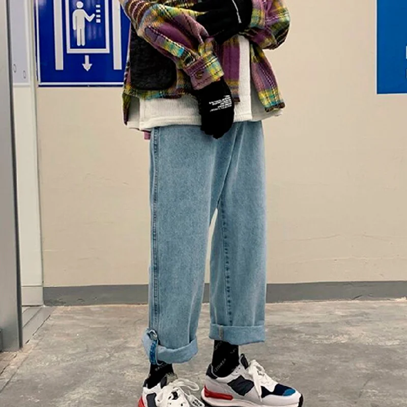 

Женские винтажные джинсы на пуговицах, однотонные широкие брюки с высокой талией, модные повседневные уличные прямые джинсовые брюки с рег...