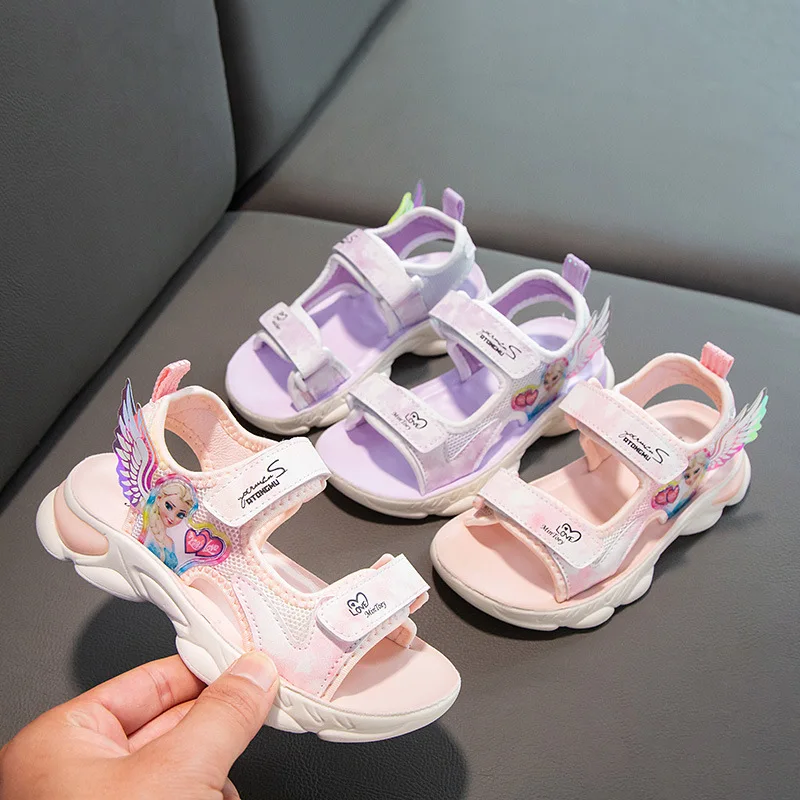2023 New Children Girl Sandals Cartoon Open Toe Little Girl Sports Beach Velcro Summer Shoes Polyurethane Princess Shoes