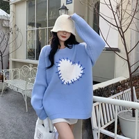 women korean style love sweater blue loose outer knitted pullover autumn winter female chic fashion casual sweater