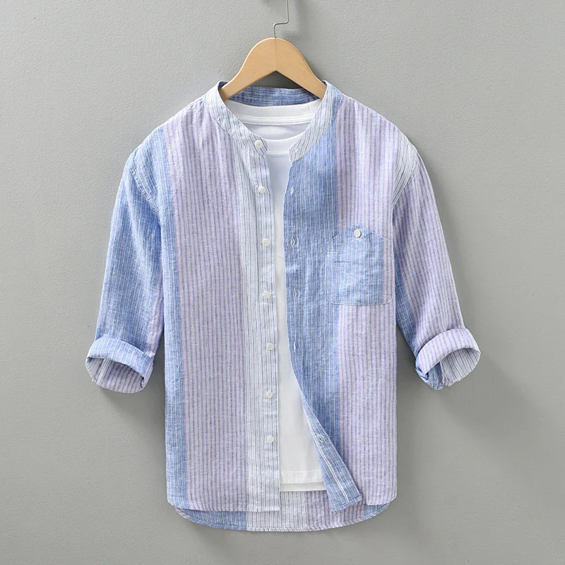 

Japanese Minimalist Men's Standing Neck Vertical Stripe Linen Three Quarter Sleeved Shirt Summer Thin Men Pure Linen Tops Shirt