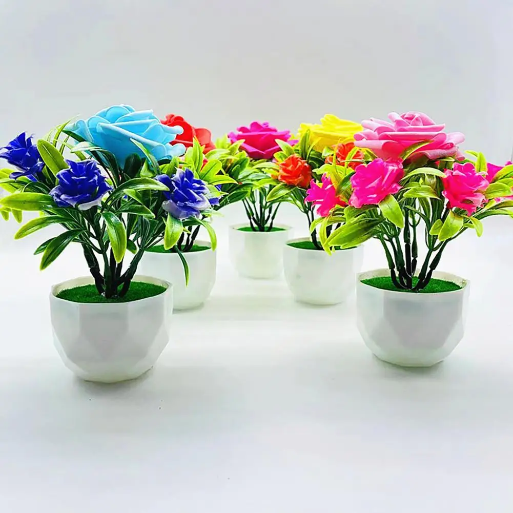 

1Set Artificial Bonsai Fade-resistant Vibrant Color Floral Arrangement Potted Artificial Rose Office Garden Decor