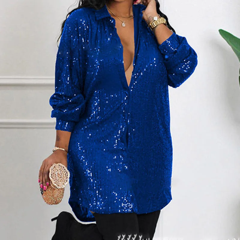 

Spring Fashion Solid Color Sequins Long Sleeve Cardigan Women's Office Fashion Elegant Shirt Casual Loose Straight Blouse Tops