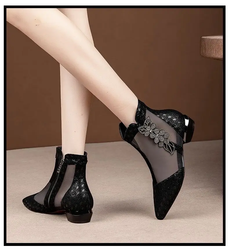 2023 Casual Sandals New Summer Sandals Pointed High Heels Women Shoes Black Lace Ankle Flower Rhinestones Zipper Flowers Fashion