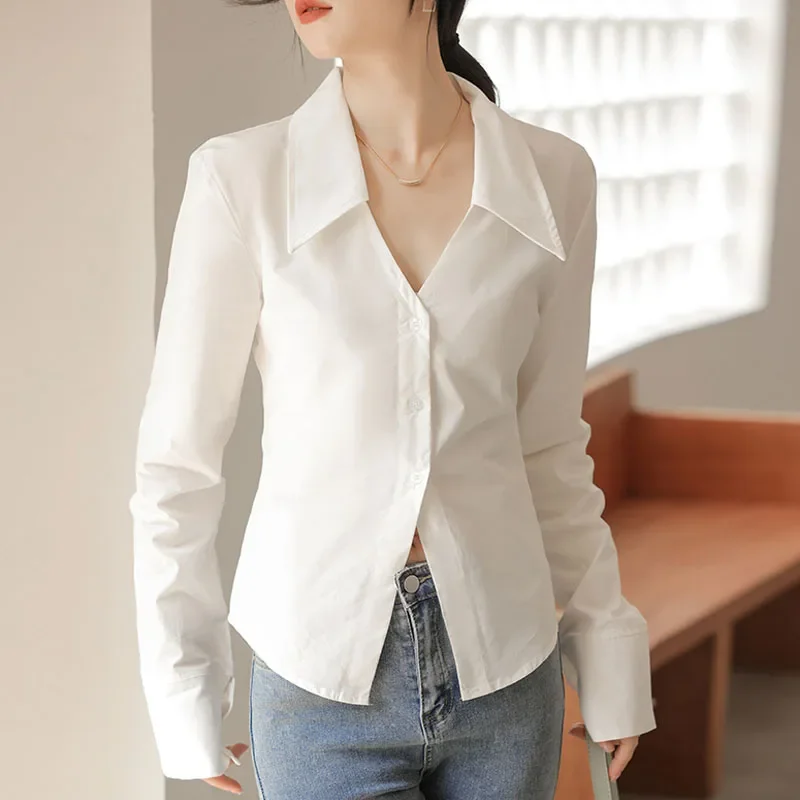 Модная женская рубашка с длинным рукавом белые женские топы отложным воротником