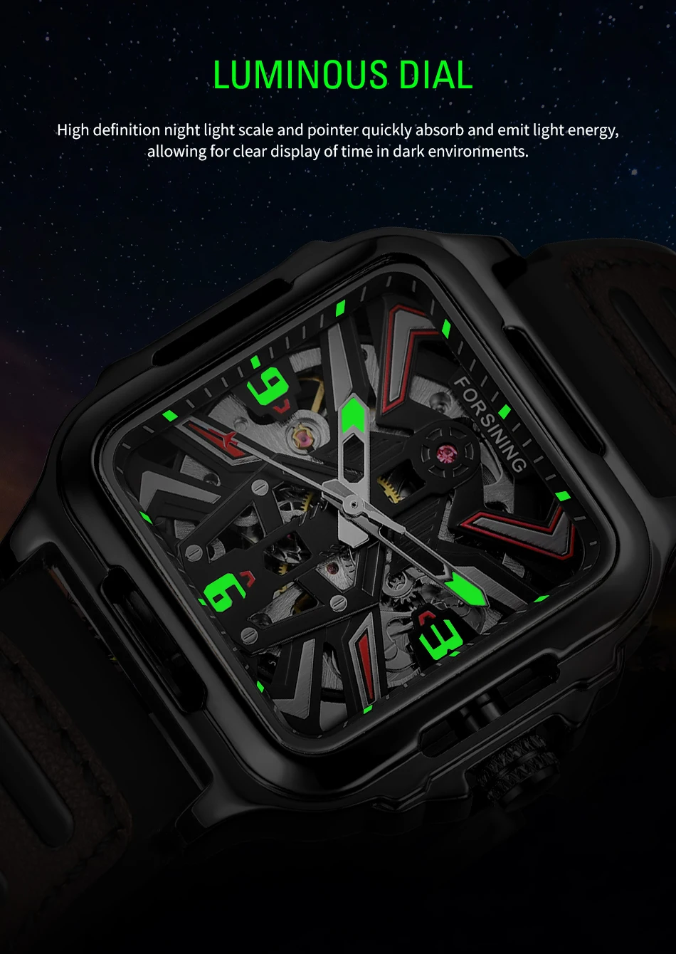 FORSINING оригинальные квадратные механические мужские часы со скелетом с