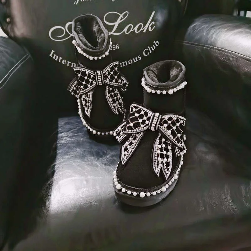 

Короткие меховые сапоги ручной работы на заказ, новые хлопковые сапоги с жемчугом, женские бархатные сапоги больших размеров 35-44