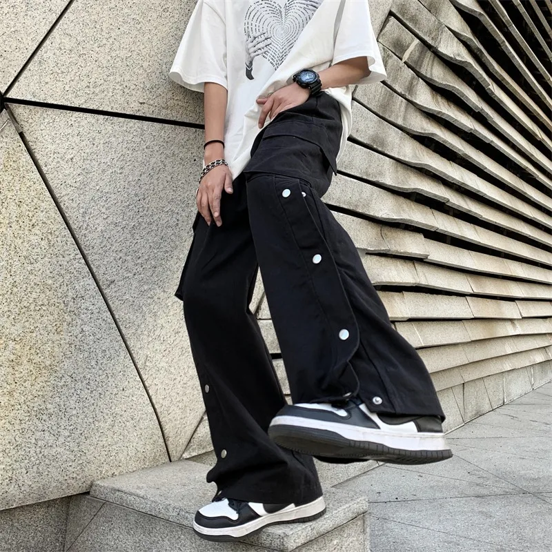 

2023 fashion elastic waist drawstring Cargo pants straight casual men's solid color cropped pants