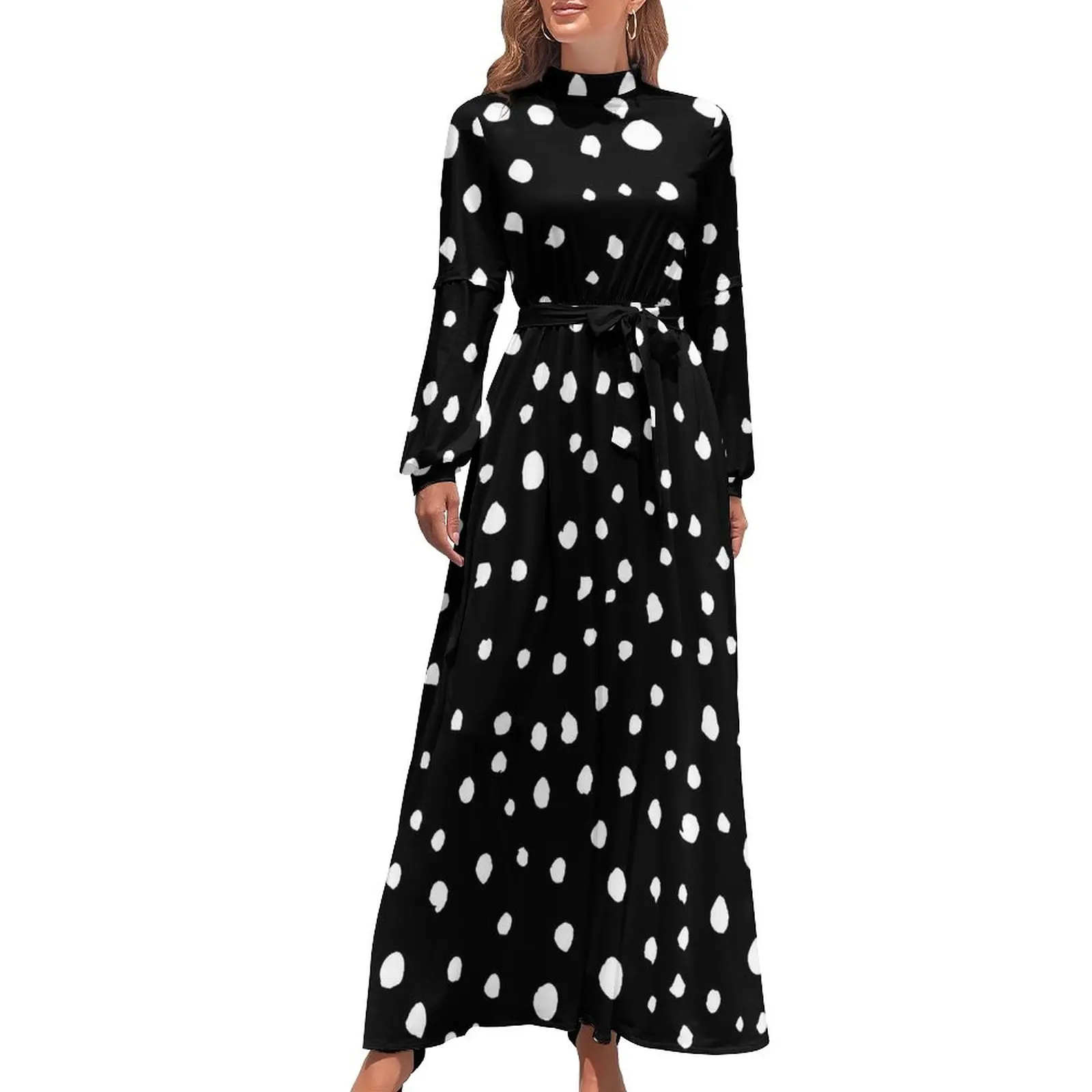

Dalmatian Spots Print Dress White Polka Dots Kawaii Custom Maxi Dress High Waist Long Sleeve Stylish Boho Beach Long Dresses