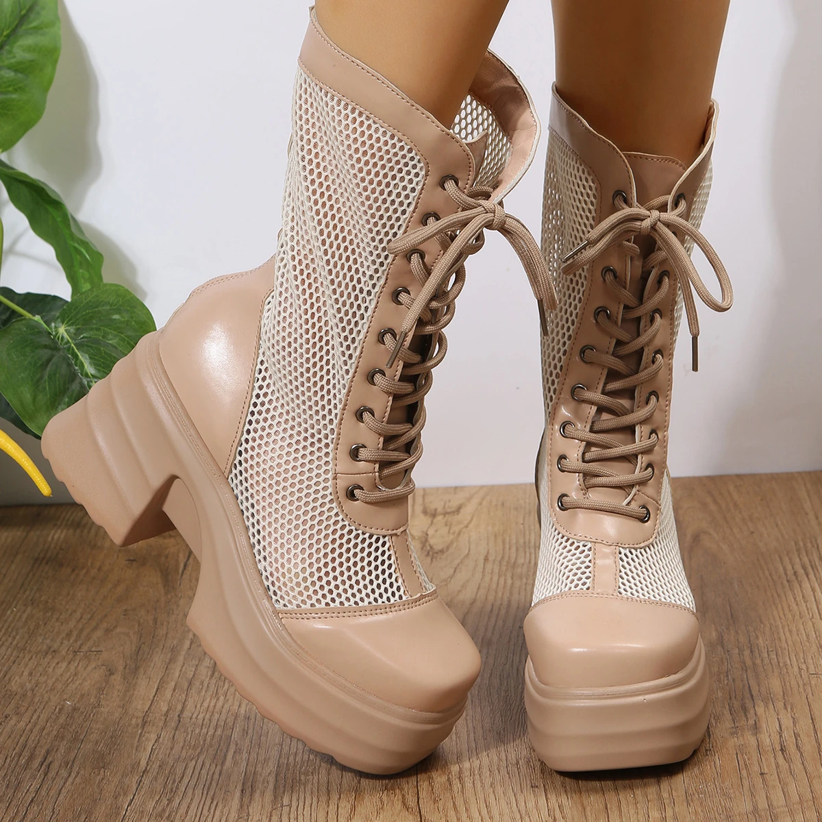 2023 European-style Summer Goth Punk Sexy Platform Shoes Block High Heel Mesh Cross Tied  Cool Sandal Boots Mid Long Size 43