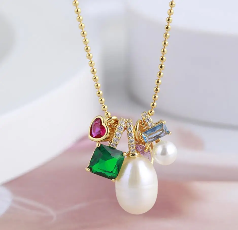 Sweet love square water drop colorful flash freshwater pearl multi-drop necklace chic girl summer sweet holiday accessy