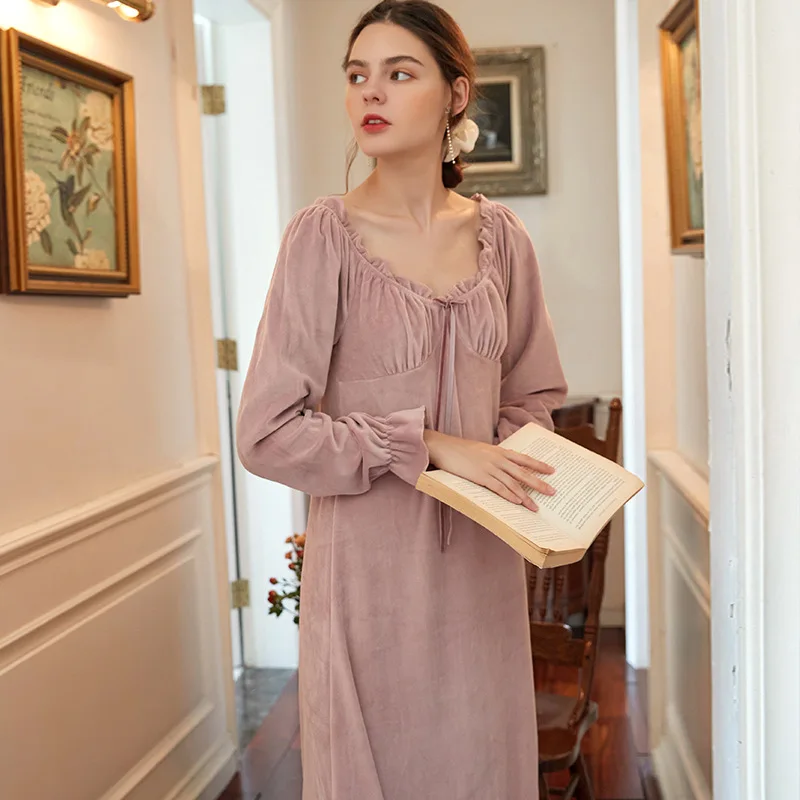 2022 Winter Nightgown Women Elegant Sleepwear V Neck Keep Warm Nightie Dress Nightwear Sexy Lace Dresses Dressing Gown