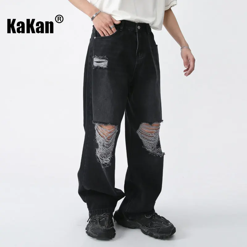 Kakan - American Style New Distressed Jeans for Men, Retro Loose Fitting Straight Leg Wide Leg Mop Jeans K50-469
