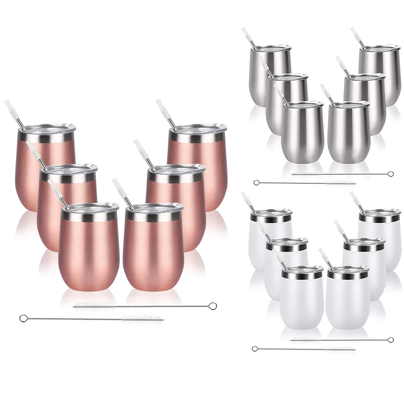 

6 Pack Stainless Steel Wine Tumbler Wine Glass, 12Oz Double Wall Vacuum Insulated Wine Tumbler With Lid Straw