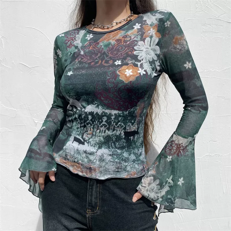 New in Fairy Grunge Graphic Shirts Fall Patchwork Mesh Long Flare Sleeeve Crop Top 90s Vintage Women Shirts Female Clothes jacke