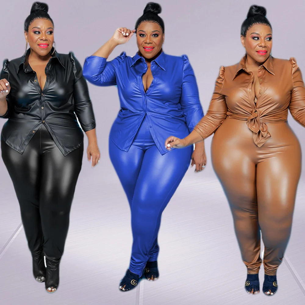 Plus Size Women Clothing Pu Two Pieces Sets Office Lay Long Sleeve Top Trousers Solid Fashion New Outfits Who 3xl 4xl 5xl 6xl