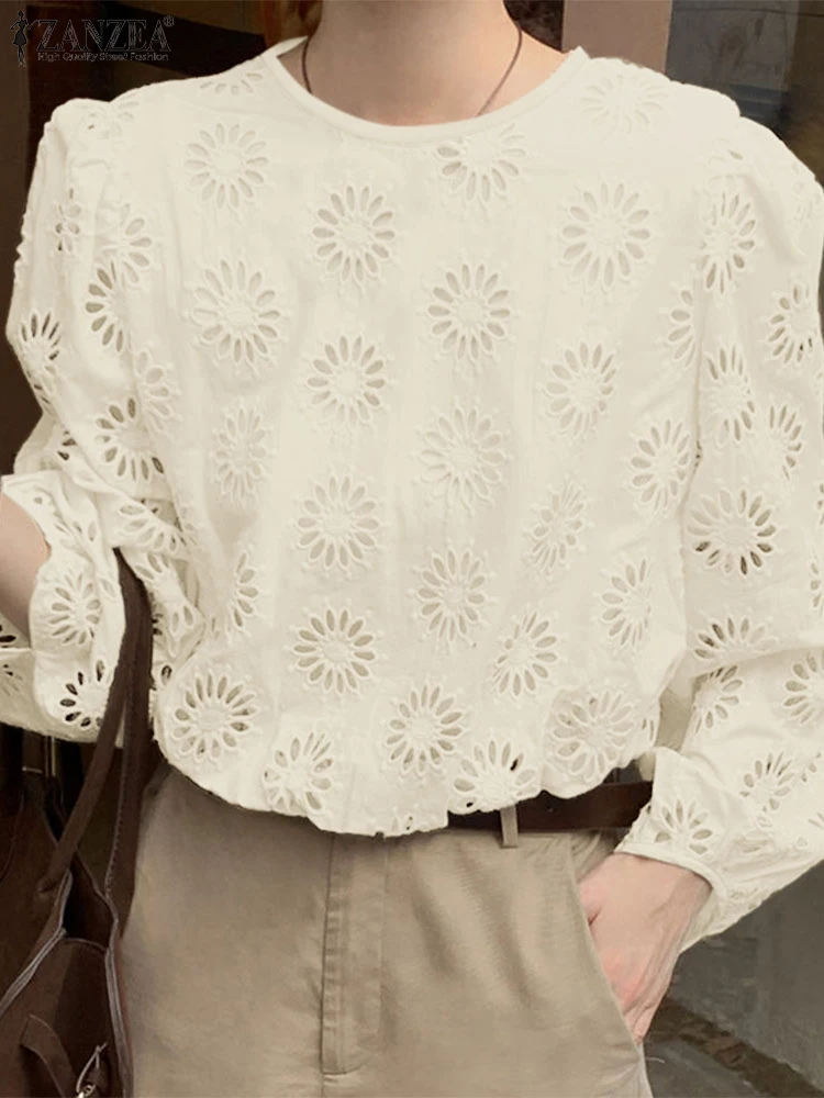 ZANZEA Модная женская кружевная блузка с длинным рукавом вязанная крючком осенние