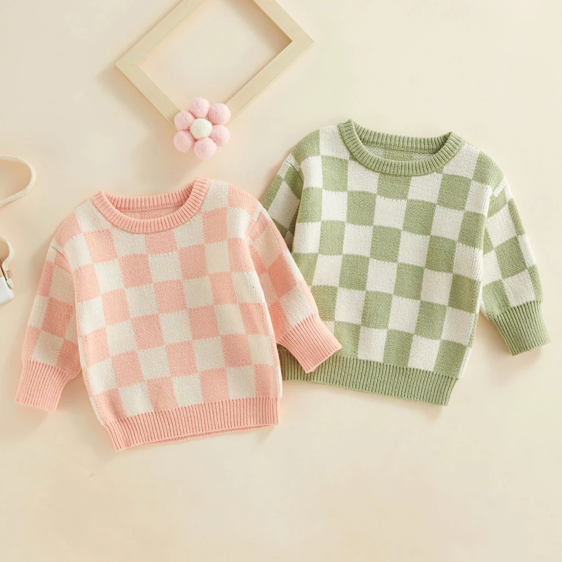 

Boys Sleeve Lioraitiin Toddler Knitwear Sweater Spring Neck Girls Print Checkerboard 2022-10-07 0-6years Long Autumn