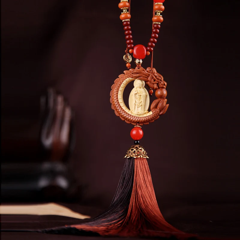 Автомобильный брелок с инкрустацией из бокса, Длинная подвеска-зеркало из красного дерева в стиле Tuzhu Station Guanyin