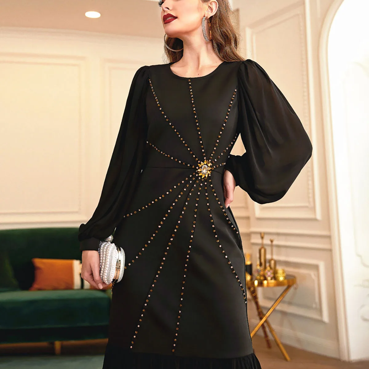 Women Elegant Slim Balloon Sleeve Handmade Diamond Party Dress Dress Muslim Kaftan Dress