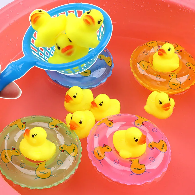 

5 шт./компл., Детские плавающие игрушки для ванной, мини плавательные кольца, резиновые желтые утки, рыболовная сеть для мытья воды, веселые и...