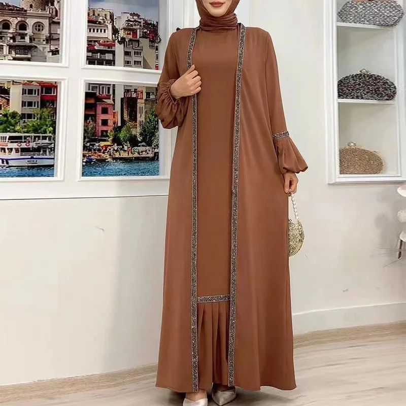 New Middle East Muslim Dress Set Long Sleeves Muslim Coat Sequins Patchwork Cardigan and Dress Pleats Bottom Party Gowns