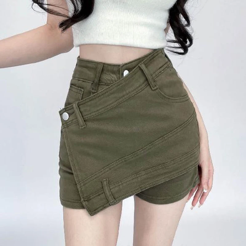 Army green denim shorts women's summer hot girl word pants slim high waist thin pants skirt wide leg hot pants tide
