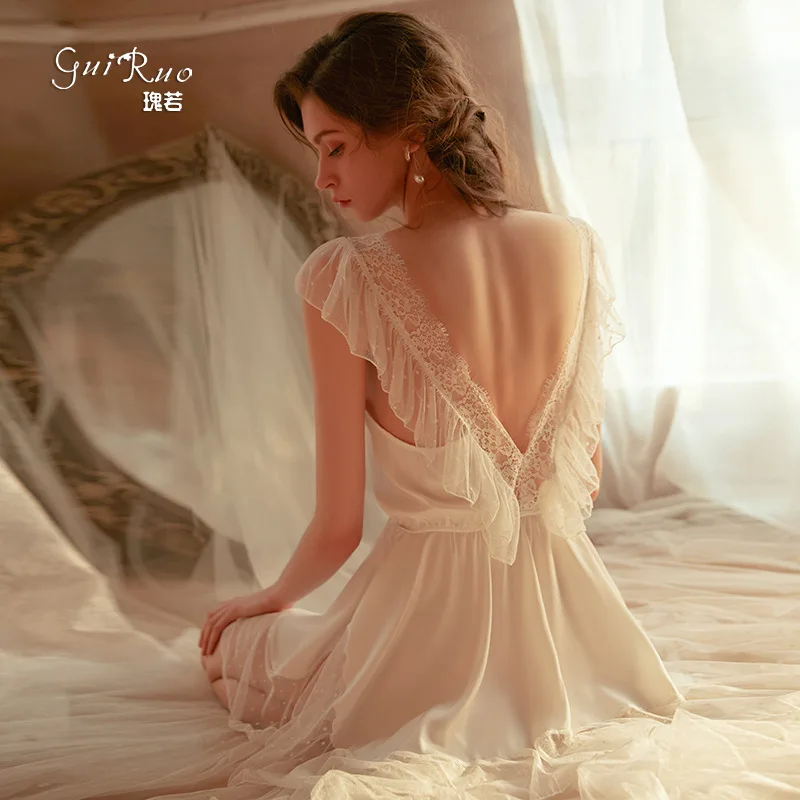 Sexy Women Nightgowns pajamas backless mesh temptation thin nightdress Female housewear suit Lingerie