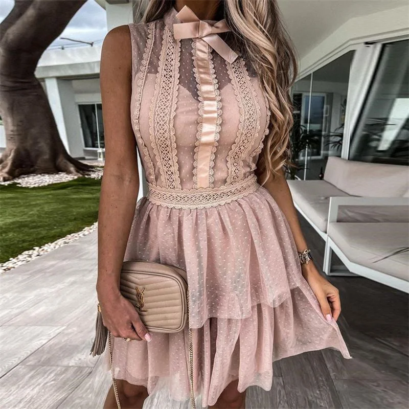 

2021Women Summer Sleeveless O-neck Guipure Lace Dot Mesh Bowknot Decor Dress With Lining Mini Dresses