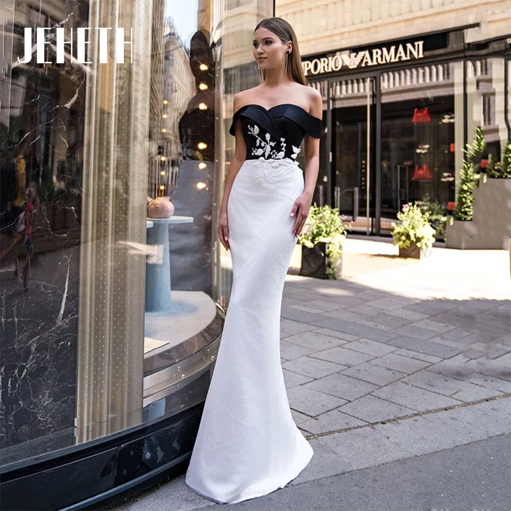 

Elegant Mermaid Evening Dresses Sweetheart Off The Shoulder Lace Appliques Satin Prom Gown White Black Abiti Da Sera Custom Made