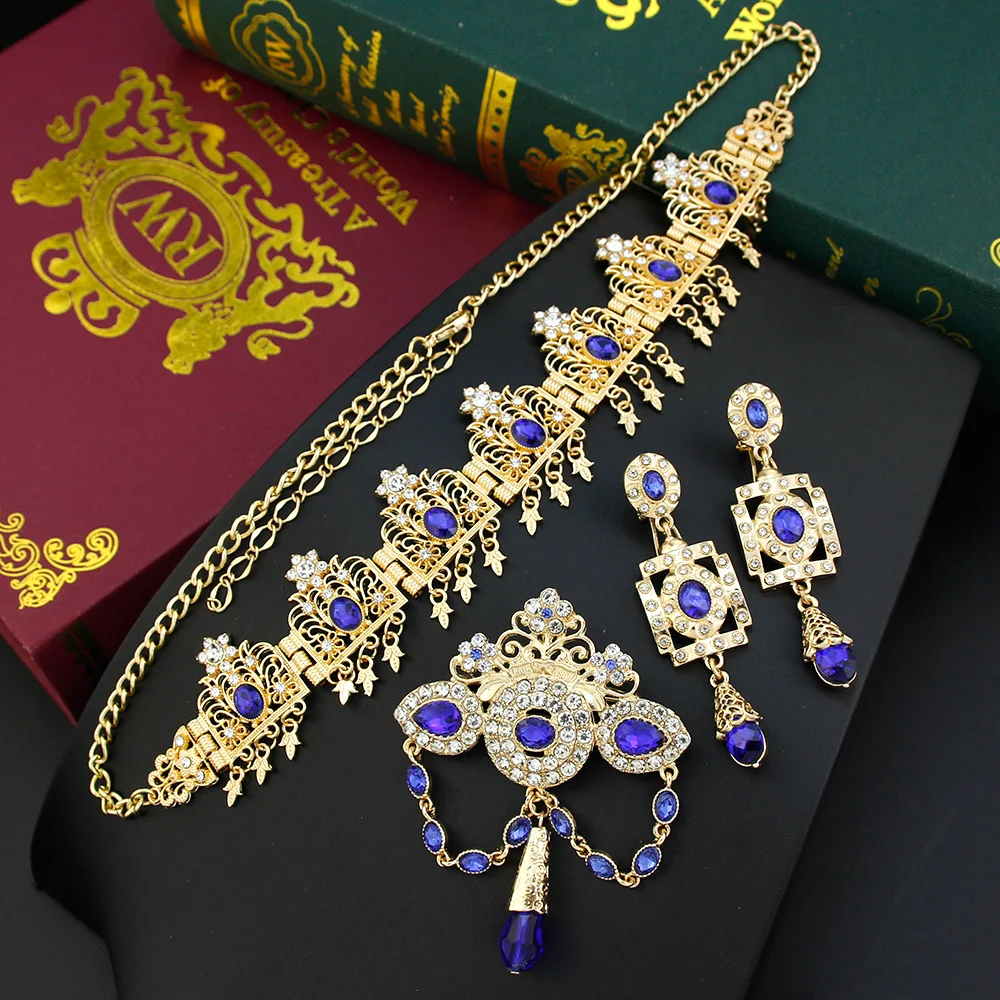 Sunspicems, золотой цвет, Женский комплект с цепочкой для волос, корона, кристалл, свадебная бижутерия для невесты, тиары, элегантные аксессуары для волос в Марокко