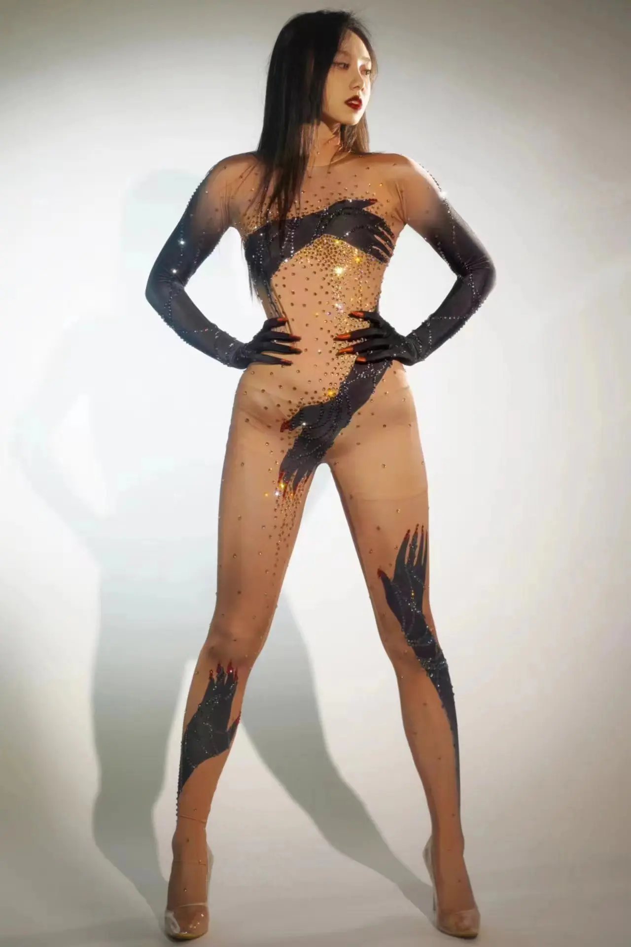 Черные золотые блестки комбинезон перчатки сексуальный костюм для женщин