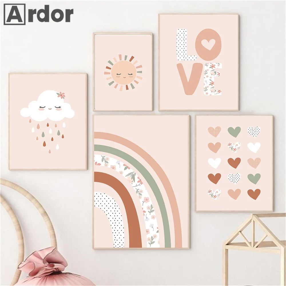 Мультфильм Радужные цветы Солнце Облако Любовь Сердце Настенная живопись Холст
