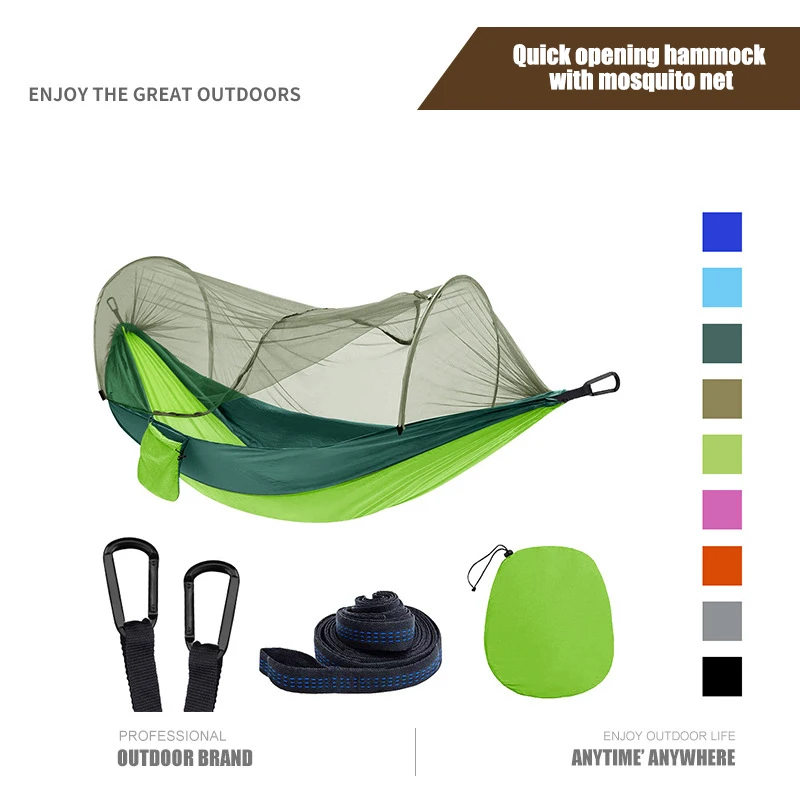 Outdoor single and double person fully quick opening hammock with mosquito net nylon cloth camping hammock proof hammock