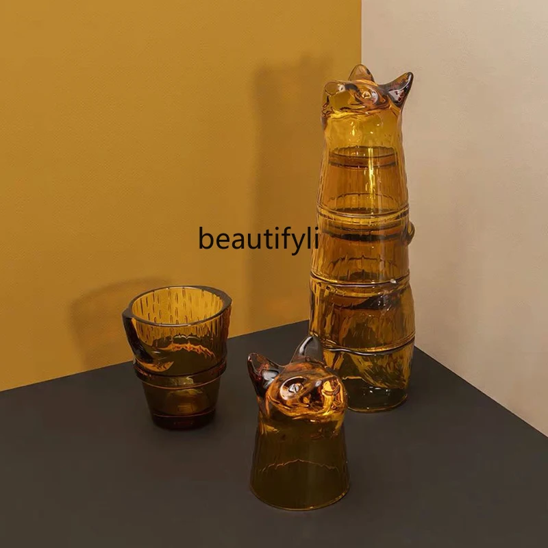

zqCute Cat Water Cup Creative Stacking Glass Cup Set Juice Glass Living Room Home