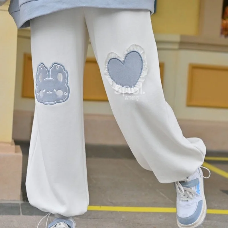 MINGLIUSILI Kawaii широкие брюки осенняя одежда для женщин японский кролик вышивка мода