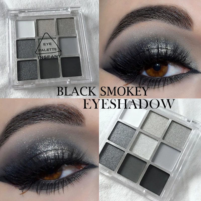 9 Colors Black Smokey Palette Cool Toned Eyeshadow Palette Matte Glitter Eyeshadow Palette Smoky Eye Shadow Eye Pigments Palette